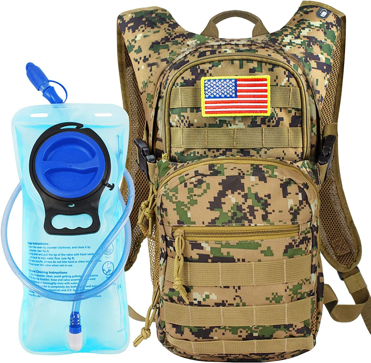 Zavothy Tactical Hydration Backpack With 2L Water Bladder For Outdoor Activities Like Hiking, Cycling, Running, Climbing, Hunting, And Biking - Camo Design